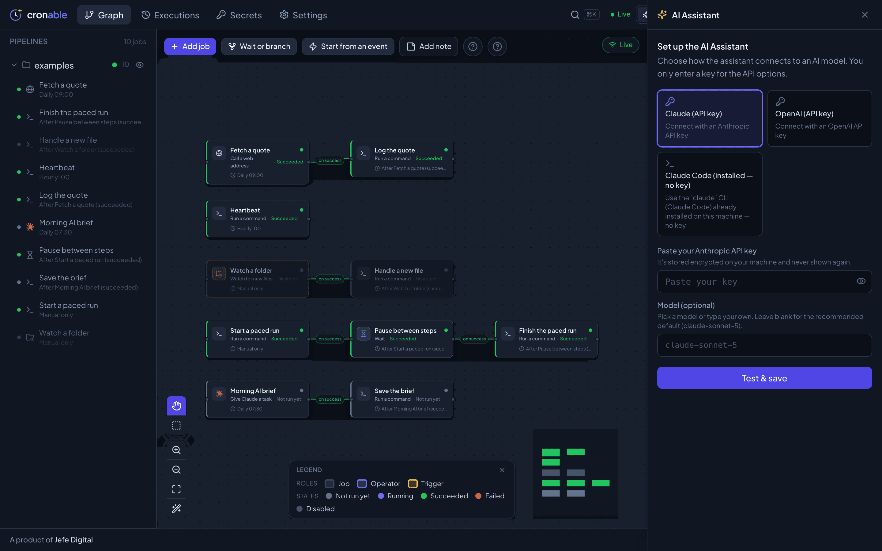 Das KI-Assistent-Panel von Cronable, das anbietet, sich über einen Claude- oder OpenAI-API-Schlüssel oder die lokal auf der Maschine installierte Claude Code CLI zu verbinden.